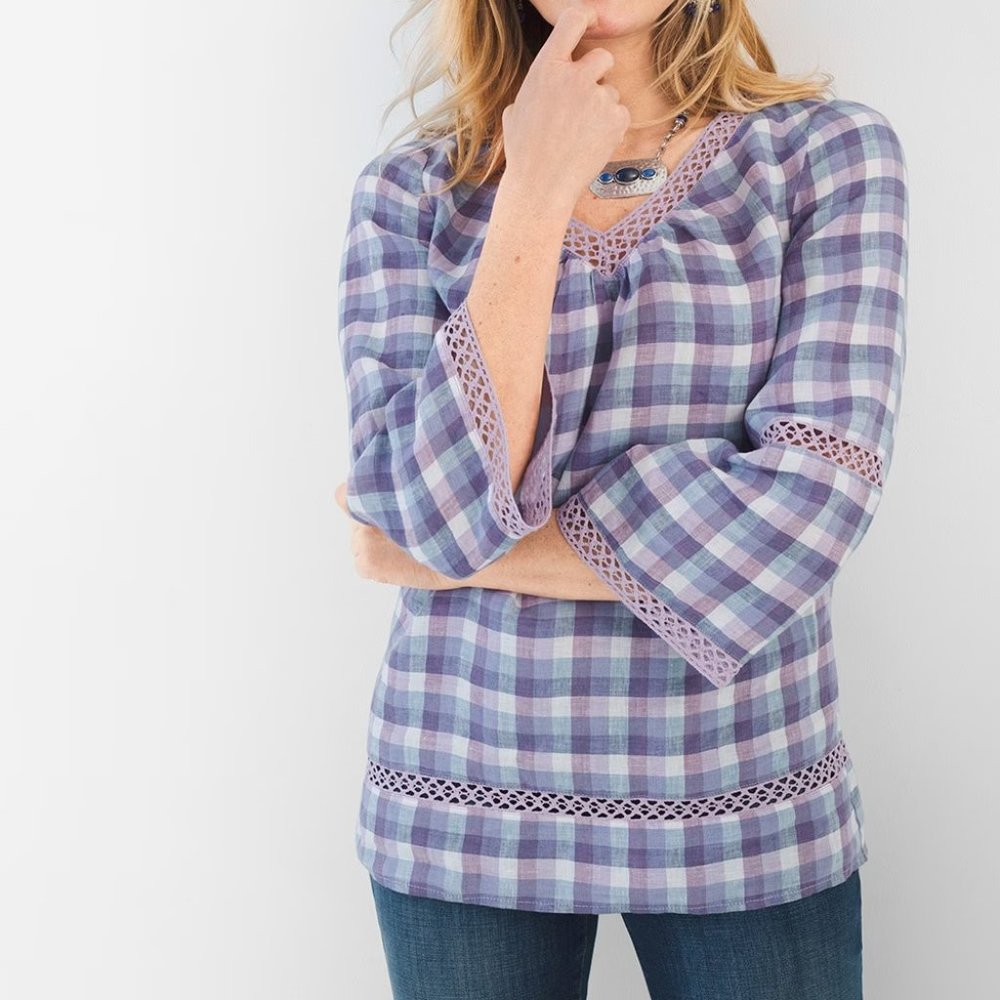 Chico’s Gingham Linen Popover Top Women’s Size 2, L Crochet Accents Bell Sleeves